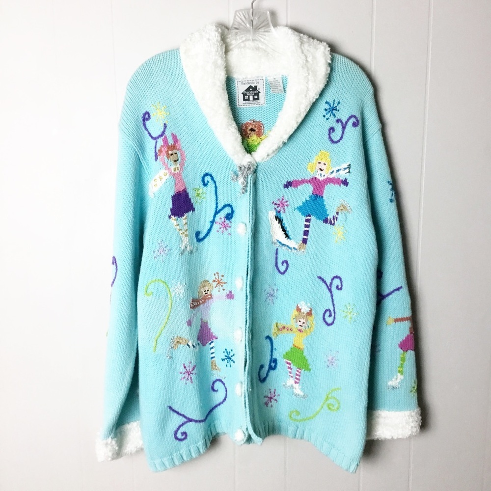 RARE Storybook Knits Skating Dream Winter Christmas Cardigan Ugly Sweater 1X
